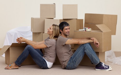 Packed office crates and furniture ready for relocation