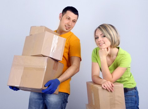 Packed business items ready for transport during a local relocation